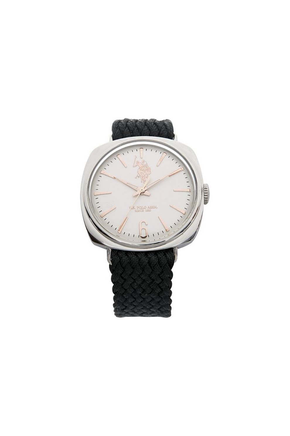 U.S. Polo Assn., Ceas analog cu o curea cu aspect tesut, Negru/Argintiu
