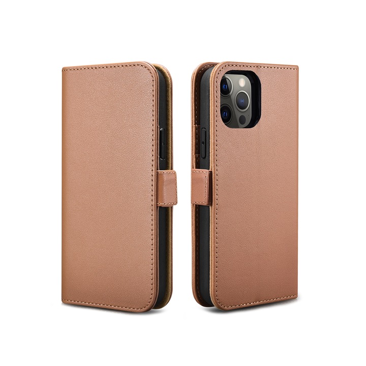 iPhone 12 Pro Max, Nappa 2 az 1-ben természetes bőrtok, mágneses záródású, könyv + back cover típus, iCarer Nappa, Barna