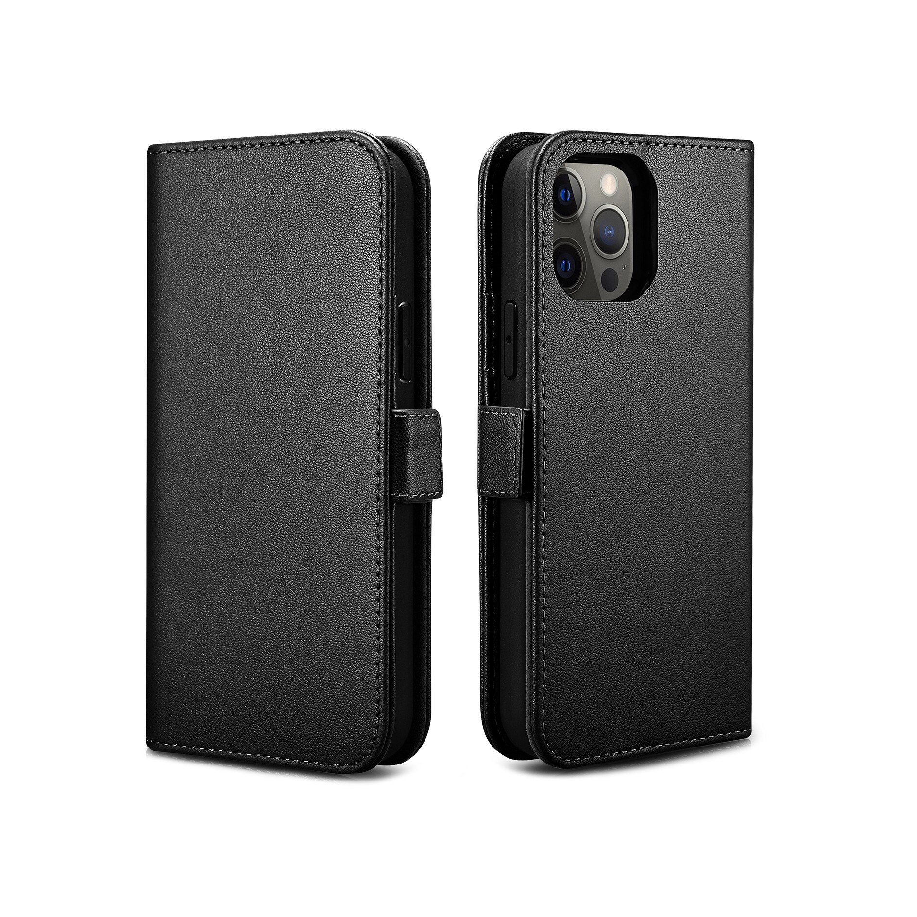 Husa iPhone 12 Pro, iPhone 12, iCarer, piele naturala Nappa 2 in 1, inchidere magnetica, tip carte + back cover, culoare Negru