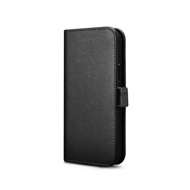 iPhone 12 Mini, Nappa 2 az 1-ben természetes bőrtok, mágneses záródású, könyv + back cover típus, iCarer Nappa, Fekete
