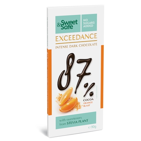 Ciocolata neagra 87% cu portocale si indulcitor din Stevia, Sweet&Safe, fara zaharuri adaugate, 90g