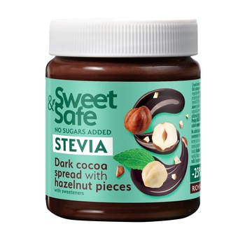 Crema tartinabila de cacao & alune si indulcitor din Stevia, Sweet&Safe, fara zaharuri adaugate, 220g Crema tartinabila de cacao & alune si indulcitor din Stevia, Sweet&Safe, fara zaharuri adaugate, 220g