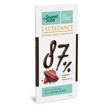Ciocolata neagra 87% cu cacao si indulcitor din Stevia, Sweet&Safe, fara zaharuri adaugate, 90g Ciocolata neagra 87% cu cacao si indulcitor din Stevia, Sweet&Safe, fara zaharuri adaugate, 90g