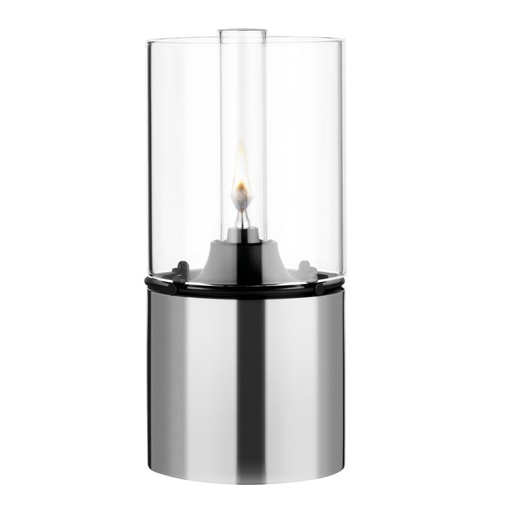 Lampa cu ulei Stelton, EM, H 18.5 cm, timp de ardere 40 de ore, fitil din fibra de sticla, usor de curatat si folosit, pentru interior sau exterior, design minimalist, inox