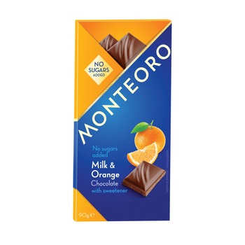 Ciocolata cu lapte si portocale, Monteoro, fara zaharuri adaugate, 90g Ciocolata cu lapte si portocale, Monteoro, fara zaharuri adaugate, 90g