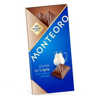 Ciocolata cu lapte, Monteoro, fara zaharuri adaugate, 90g Ciocolata cu lapte, Monteoro, fara zaharuri adaugate, 90g
