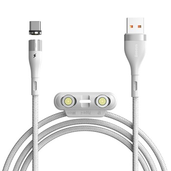 Cablu de date/incarcare Baseus, Zinc Magnetic 3in1, Lightning/USB-C/Micro USB, 1M 3 A, Alb Cablu de date/incarcare Baseus, Zinc Magnetic 3in1, Lightning/USB-C/Micro USB, 1M 3 A, Alb