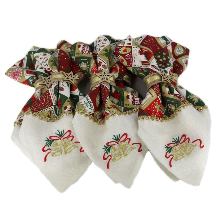 Set 6 servete de masa „tematica sarbatori clopotei” brodate 40×40 cm, multicolor, 7 piese