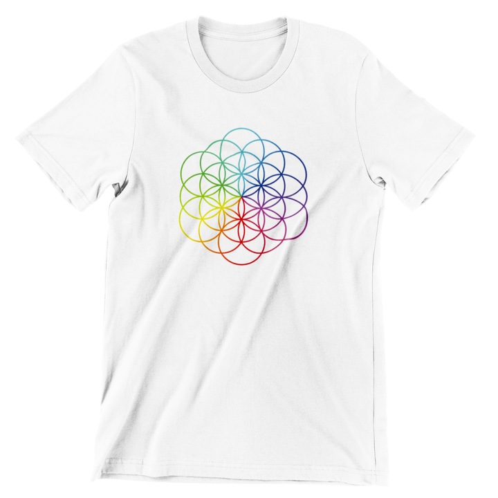Tricou personalizat Coldplay Flower of life, bumbac, Unisex, alb, marimea XS