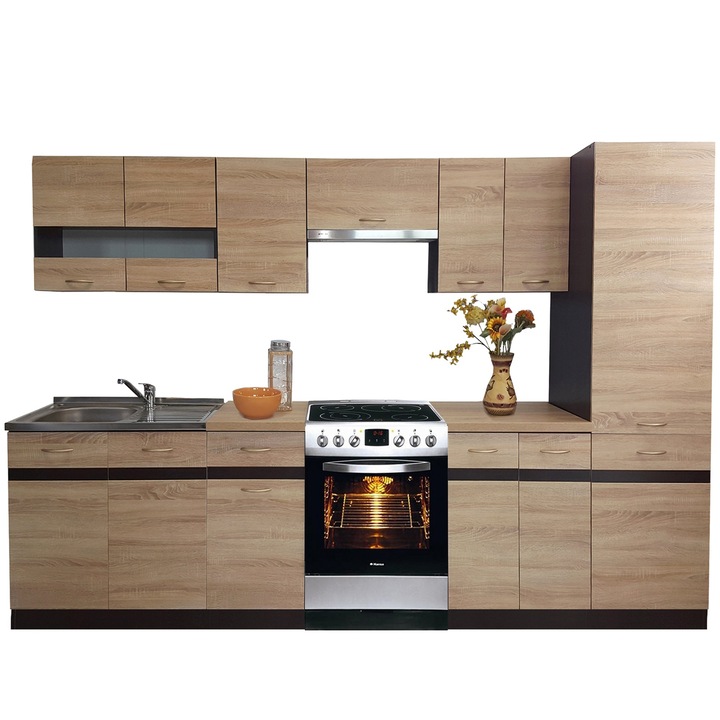 Set Mobila Bucatarie Junona 3A1, Black Red White, Stejar Sonoma, 290 x 195,5 x 60 cm