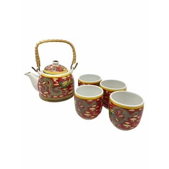 Set ceainic cu 4 pahare ceai, Atelier, Ceramica, Model chinezesc, Rosu, 0,4l
