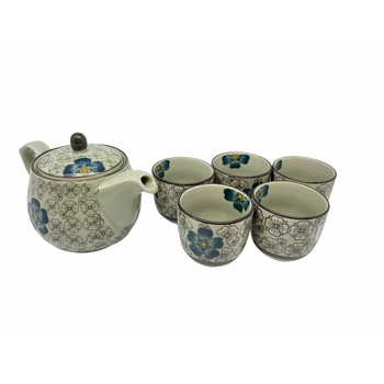 Set ceainic cu 5 pahare ceai, Atelier, Ceramica, Model floral, Alb/Albastru, 0,5l