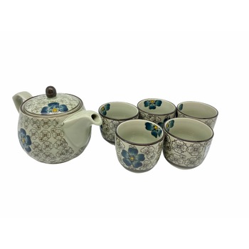 Set ceainic cu 5 pahare ceai, Atelier, Ceramica, Model floral, Alb/Albastru, 0,5l Set ceainic cu 5 pahare ceai, Atelier, Ceramica, Model floral, Alb/Albastru, 0,5l