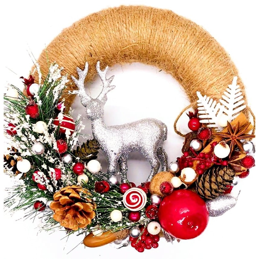 Coronita de Craciun cu cerb, din iuta cu accesorii naturale, lucrata manual, 20 cm
