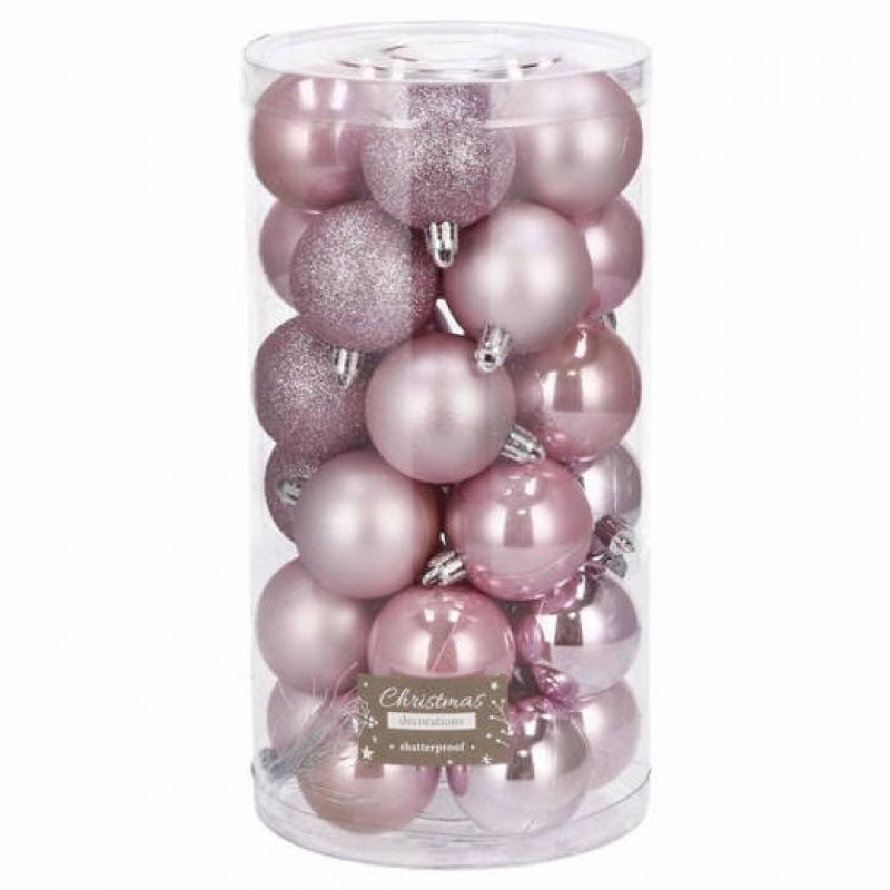 Set 30 globuri de Craciun roz, diverse dimensiuni