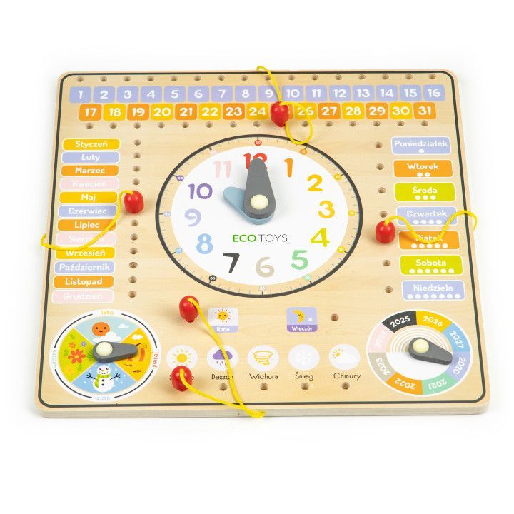Tablou din lemn pentru copii cu ceas si calendar, multicolor, dimensiune 33x33x3.5 cm