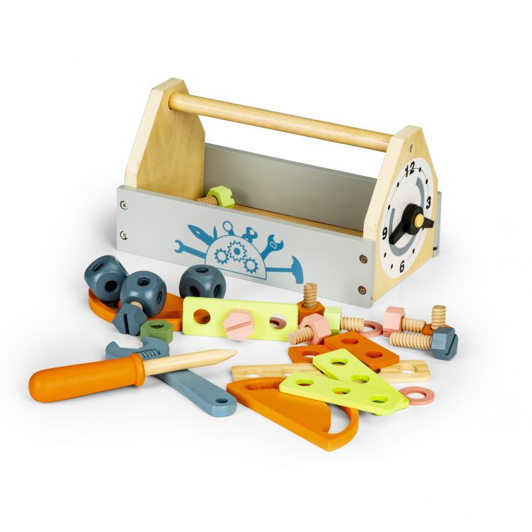 Set iMK® Mini atelier cutie de scule din lemn si accesorii pentru copii, fara margini ascutite, 25 x 13 x 14 cm