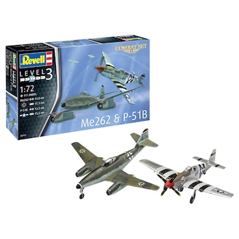 Set Macheta Aeromodele Revell Messerschmitt Me262 si P-51B Mustang cu vopseluri, adeziv si pensula 1:72 REV03711 Set Macheta Aeromodele Revell Messerschmitt Me262 si P-51B Mustang cu vopseluri, adeziv si pensula 1:72 REV03711