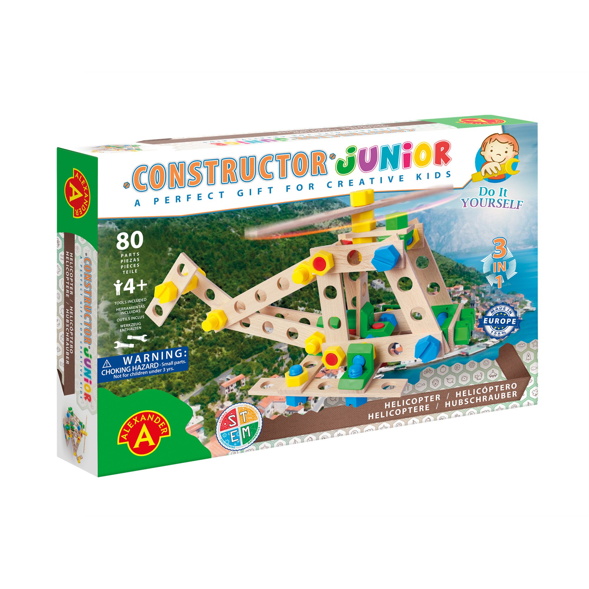 Set constructor junior-3 in 1 Elicopter, 80 de piese din lemn natur/multicolor