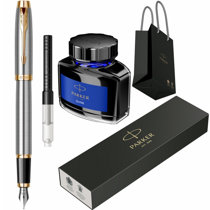 Stilou Parker IM Royal Brushed Metal GT cu gravura laser inclusa, convertor standard Parker, calimara cerneala Parker si Punga Parker