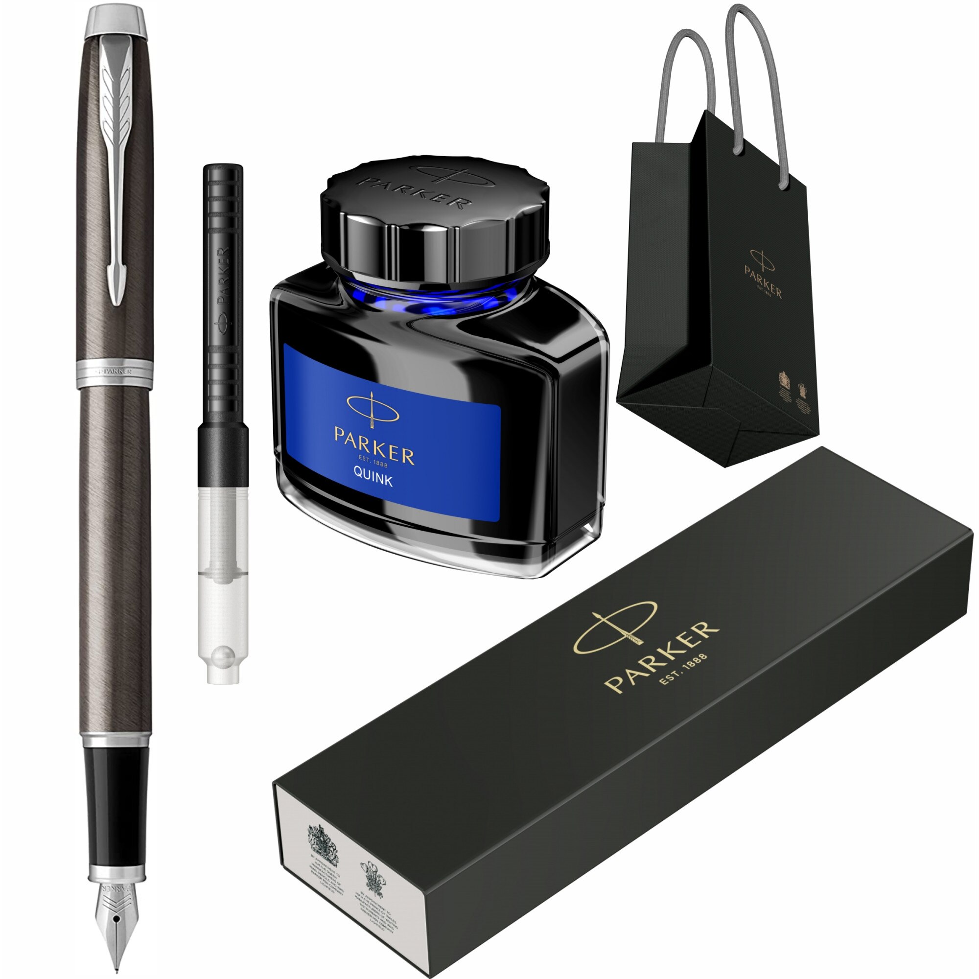 Stilou Parker IM Royal Dark Espresso CT Personalizat prin Gravura Laser, cu convertor standard Parker, calimara cerneala Parker si Punga Parker