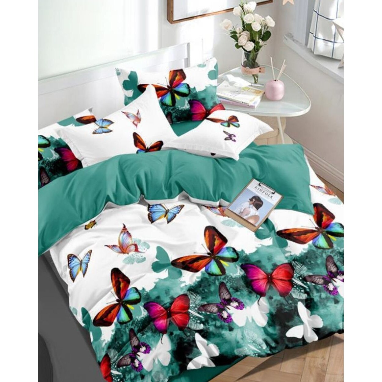 Set Lenjerie Finet Satinat Gros cu 2 Fete, 6 Piese, Pat 2 Persoane, Butterflies