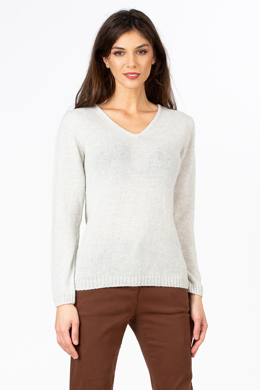 Sense, Pulover din amestec de lana, cu decolteu in V, Gri deschis melange