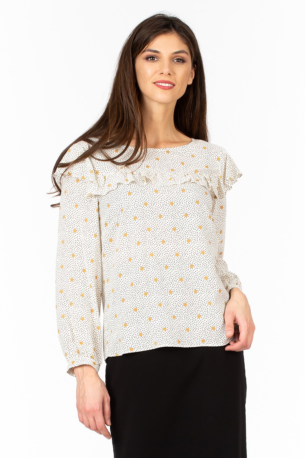 Sense, Bluza cu imprimeu si volane, Alb/Ocru/Negru