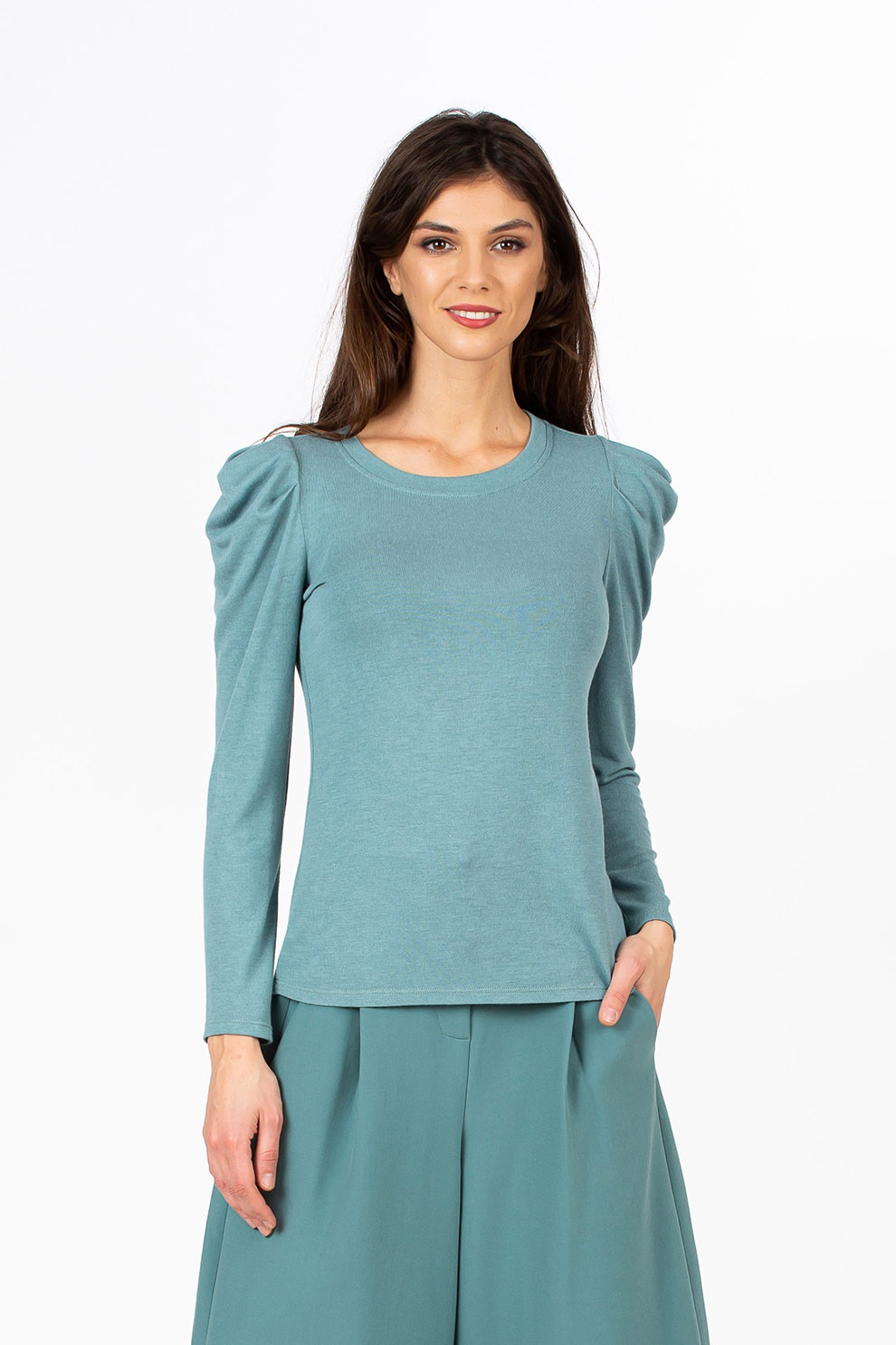 Sense, Bluza din tricot fin, cu maneci Juliet, Turcoaz