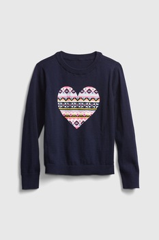 GAP, Pulover tricotat fin cu motiv in forma de inima, Bleumarin/Roz/Alb, 120 CM GAP, Pulover tricotat fin cu motiv in forma de inima, Bleumarin/Roz/Alb, 120 CM