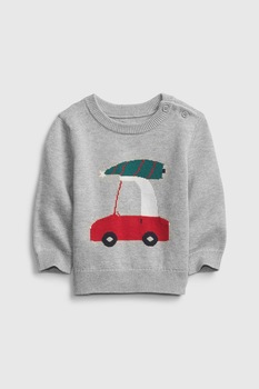 GAP, Pulover tricotat fin cu detaliu cu tematica de Craciun, Gri/Rosu/Verde, 50 CM GAP, Pulover tricotat fin cu detaliu cu tematica de Craciun, Gri/Rosu/Verde, 50 CM