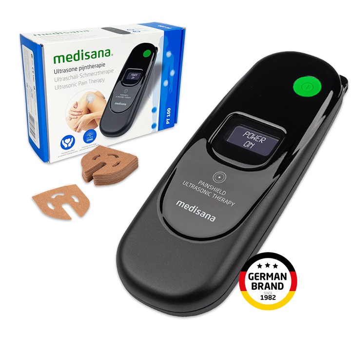 Уред за ултразвукова терапия Medisana PT 100 PainShield, За лечение на болка, Увеличава кръвообращението, Покрива изключително голяма площ от 314 cm2, Акумулаторна батерия, Черен