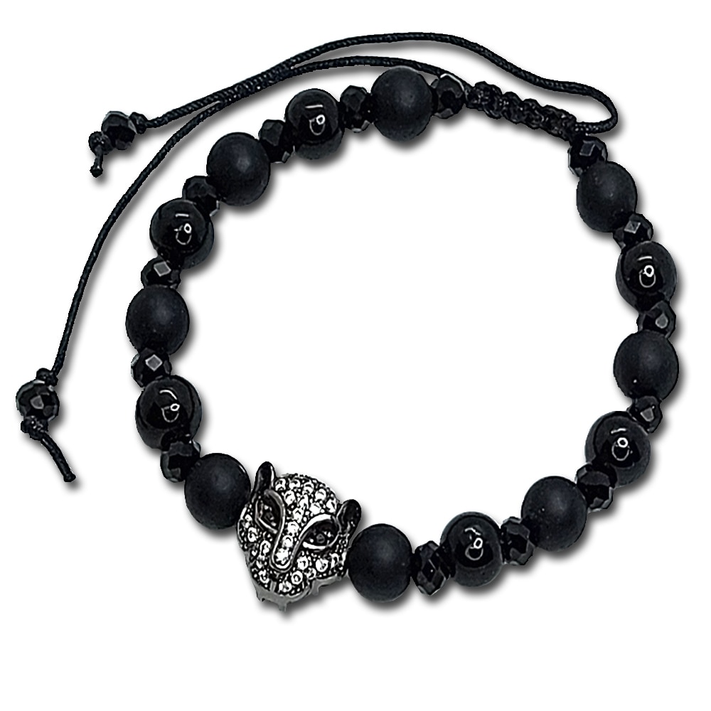 Bratara ArtDeco Panter cu charm negru (Cubiz Zirconia), Onix, Bazalt si Terahertz, reglabila 18 - 28cm