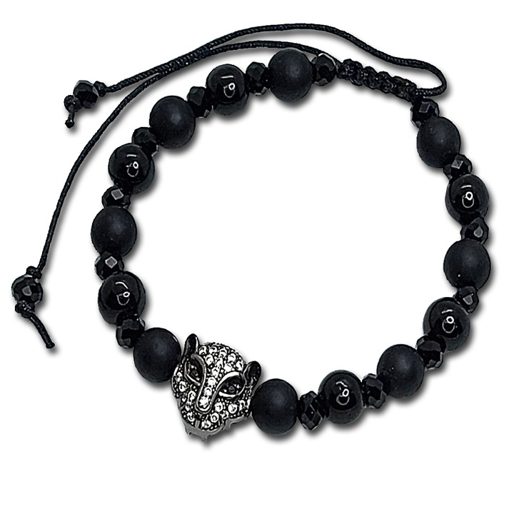 Bratara ArtDeco Panter cu charm negru (Cubiz Zirconia), Onix, Bazalt si Terahertz, reglabila 18 - 28cm