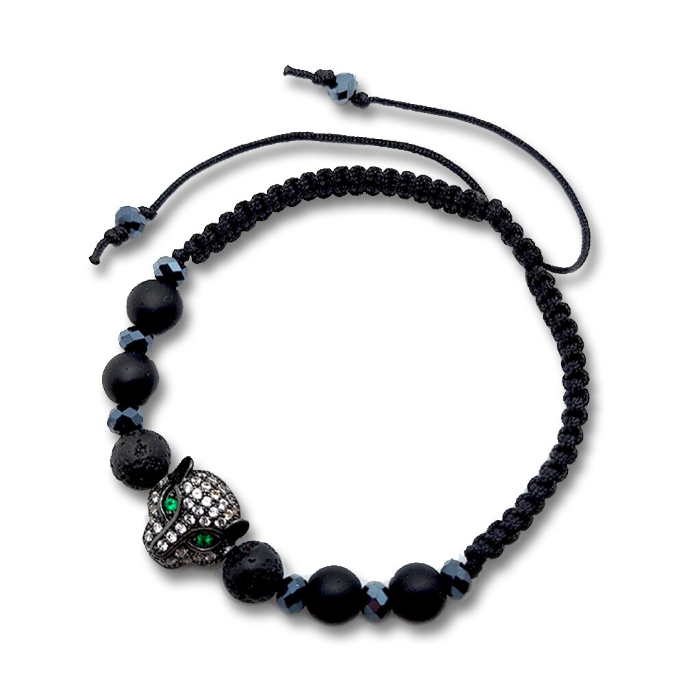 Bratara ArtDeco Panter cu charm negru (Cubiz Zirconia), Roca Vulcanica, Bazalt si Terahertz, reglabila 18 -28 cm