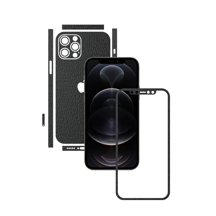 Carbon Skinz védőfólia Apple iPhone 12 Pro készülékhez – hasított, vágott fekete bőr, teljes testet fedő tapadó bőr a képernyőkerethez, hát- és oldaltokhoz