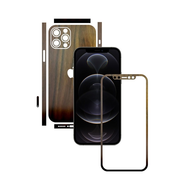 Skinz Carbon védőfólia Apple iPhone 12 Pro készülékhez – hasított diófa, teljes testet fedő tapadó bőr képernyőkerethez, hát- és oldaltokhoz