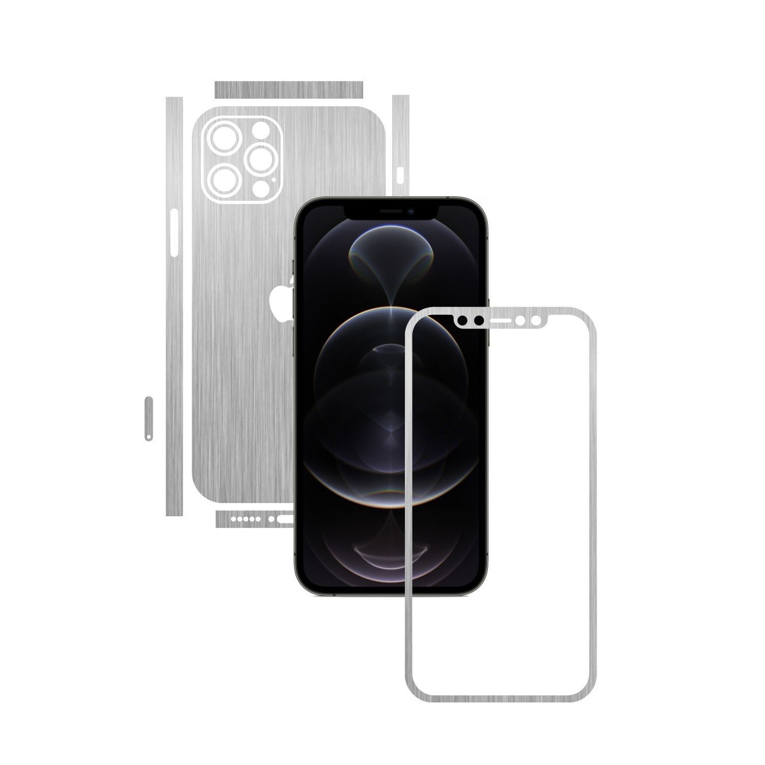Folie Protectie Carbon Skinz pentru Apple iPhone 12 Pro Max - Brushed Argintiu Split Cut, Skin Adeziv Full Body Cover pentru Rama Ecran, Carcasa Spate si Laterale
