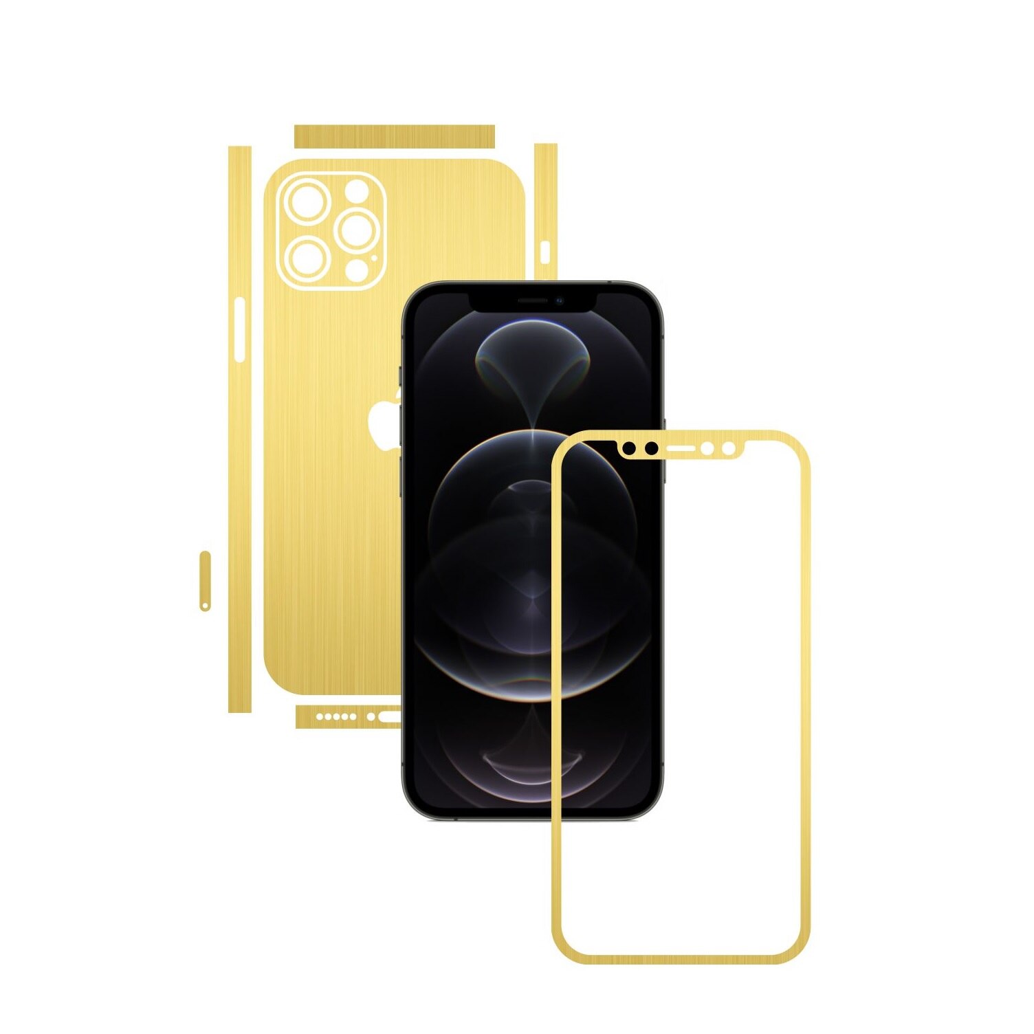 Folie Protectie Carbon Skinz pentru Apple iPhone 12 Pro - Brushed Auriu Split Cut, Skin Adeziv Full Body Cover pentru Rama Ecran, Carcasa Spate si Laterale