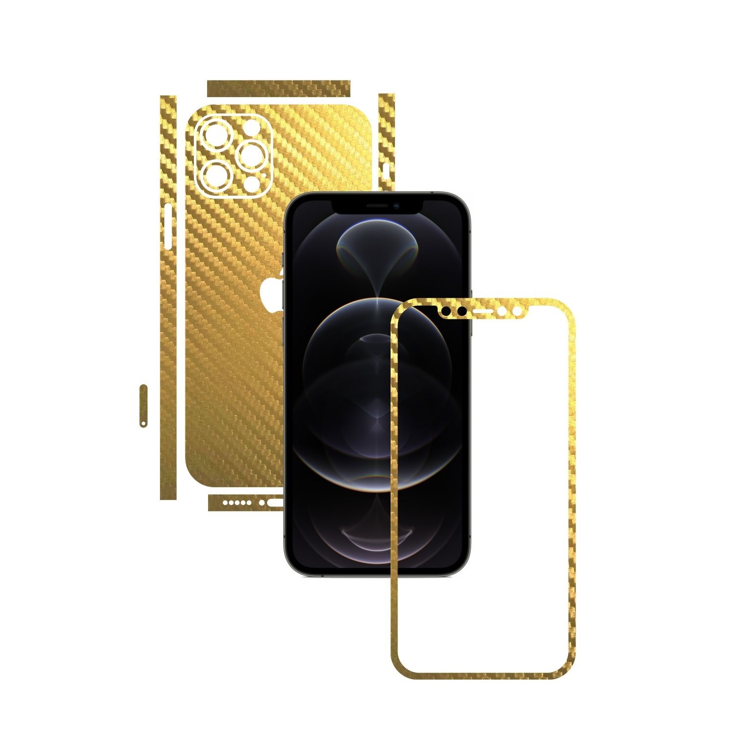 Folie Protectie Carbon Skinz pentru Apple iPhone 12 Pro Max - Carbon Auriu Split Cut, Skin Adeziv Full Body Cover pentru Rama Ecran, Carcasa Spate si Laterale