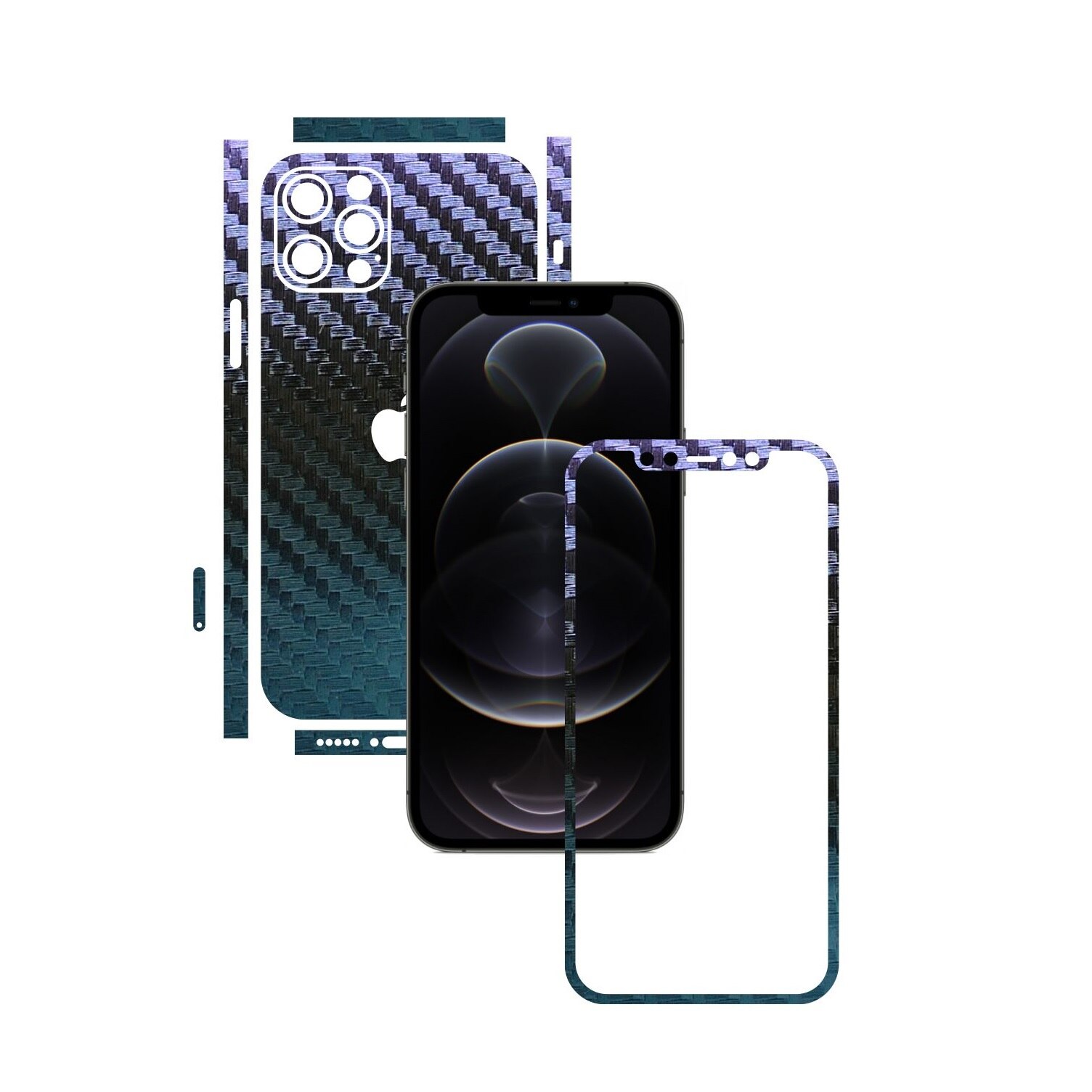 Folie Protectie Carbon Skinz pentru Apple iPhone 12 Pro Max - Carbon Cameleon Split Cut, Skin Adeziv Full Body Cover pentru Rama Ecran, Carcasa Spate si Laterale