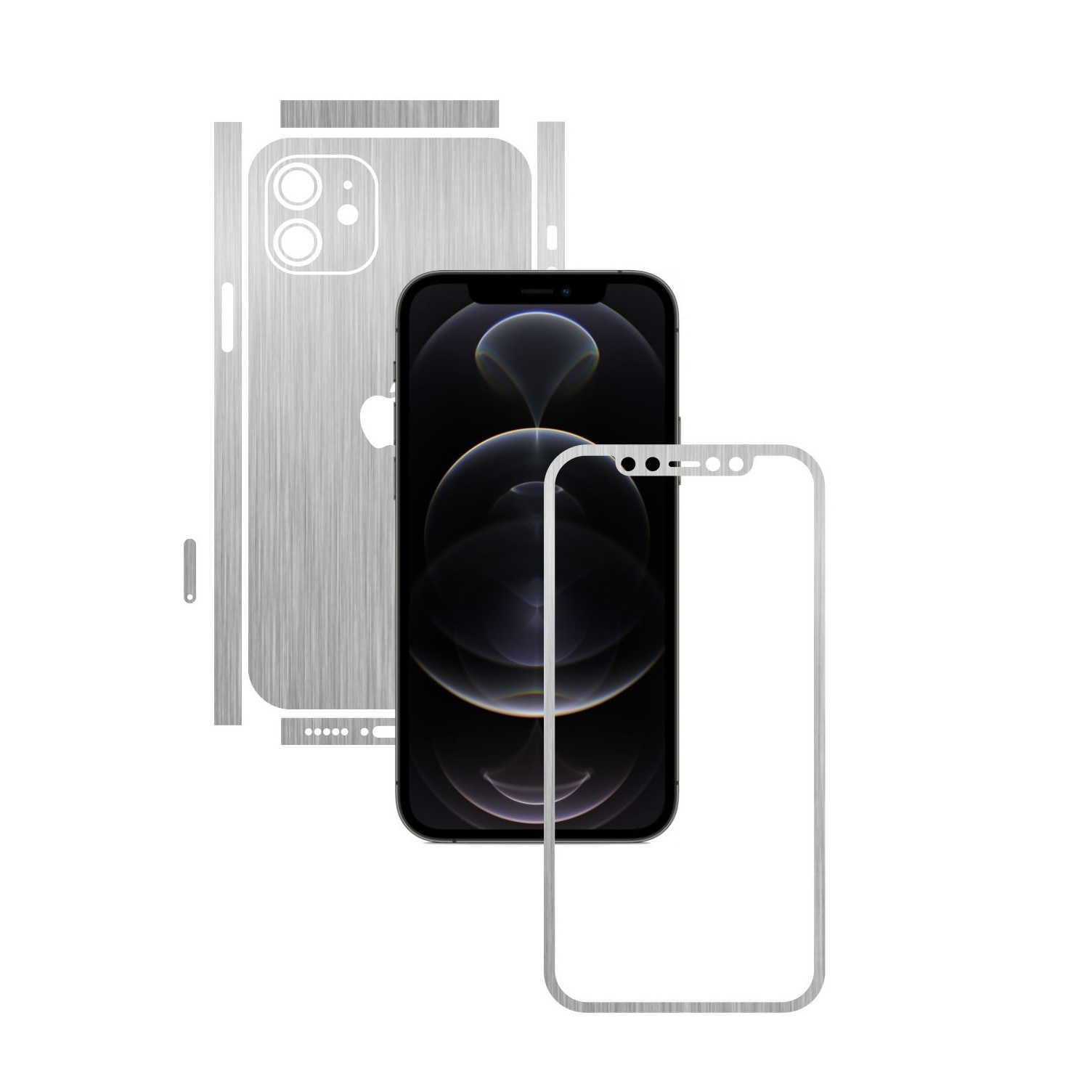 Folie Protectie Carbon Skinz pentru Apple iPhone 12 - Brushed Argintiu Split Cut, Skin Adeziv Full Body Cover pentru Rama Ecran, Carcasa Spate si Laterale
