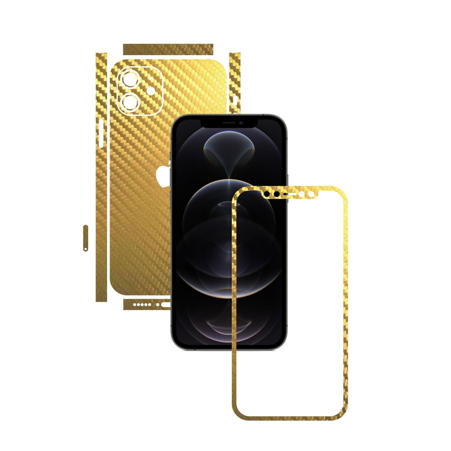 Folie Protectie Carbon Skinz pentru Apple iPhone 12 Mini - Carbon Auriu Split Cut, Skin Adeziv Full Body Cover pentru Rama Ecran, Carcasa Spate si Laterale
