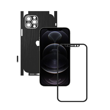 Folie Protectie Carbon Skinz pentru Apple iPhone 12 Pro Max - Brushed Negru 360 Cut, Skin Adeziv Full Body Cover pentru Rama Ecran, Carcasa Spate si Laterale