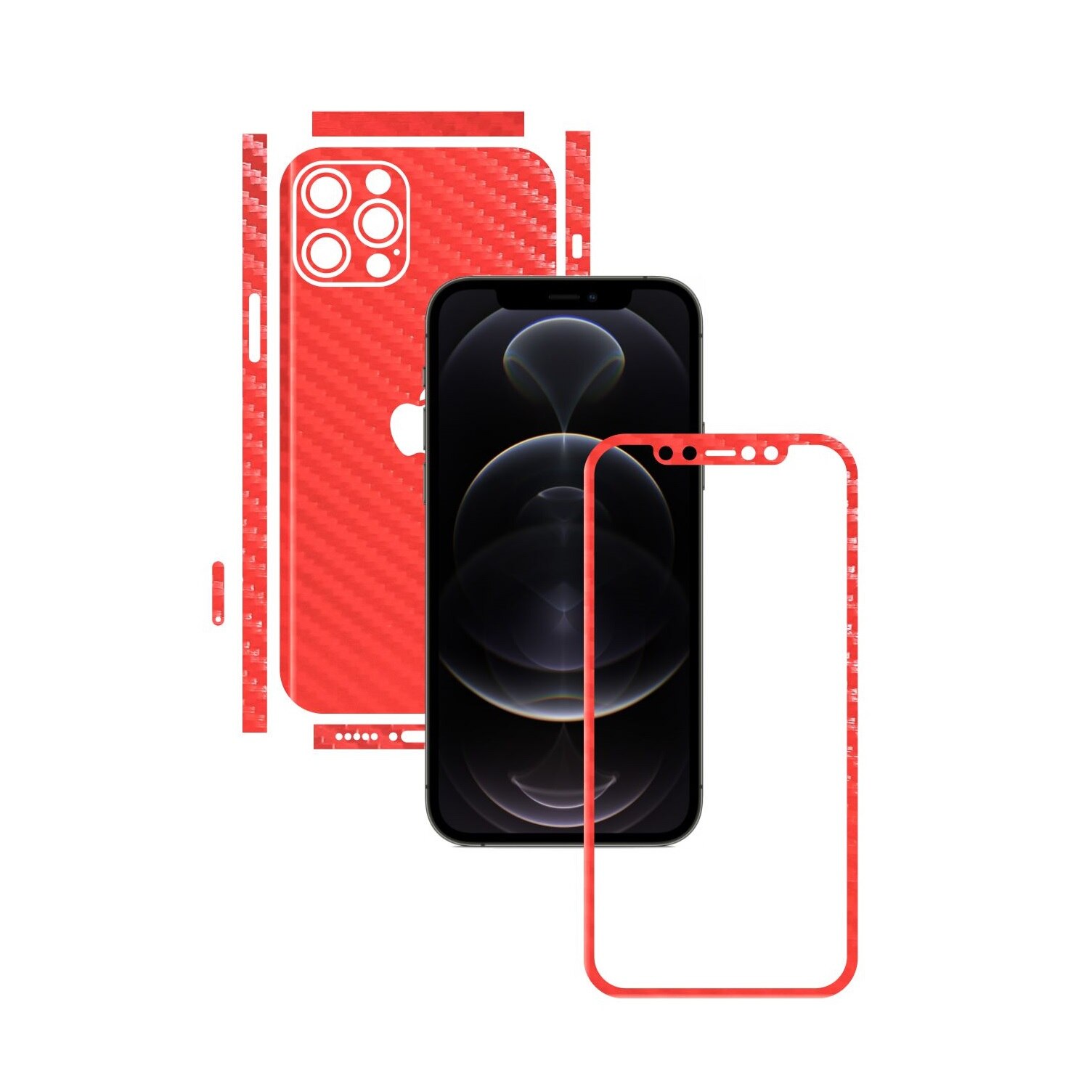 Folie Protectie Carbon Skinz pentru Apple iPhone 12 Pro Max - Carbon Rosu Split Cut, Skin Adeziv Full Body Cover pentru Rama Ecran, Carcasa Spate si Laterale