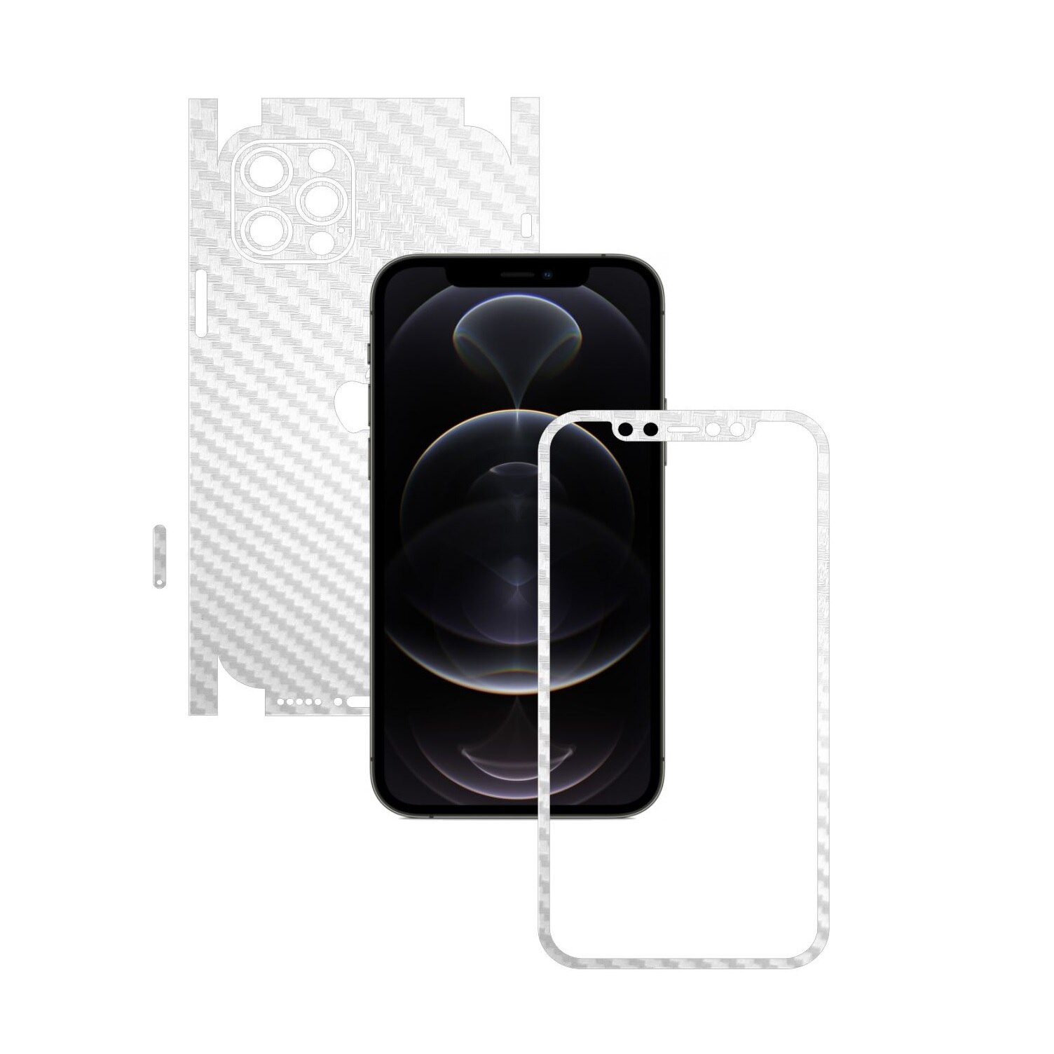 Folie Protectie Carbon Skinz pentru Apple iPhone 12 Pro Max - Carbon Alb 360 Cut, Skin Adeziv Full Body Cover pentru Rama Ecran, Carcasa Spate si Laterale