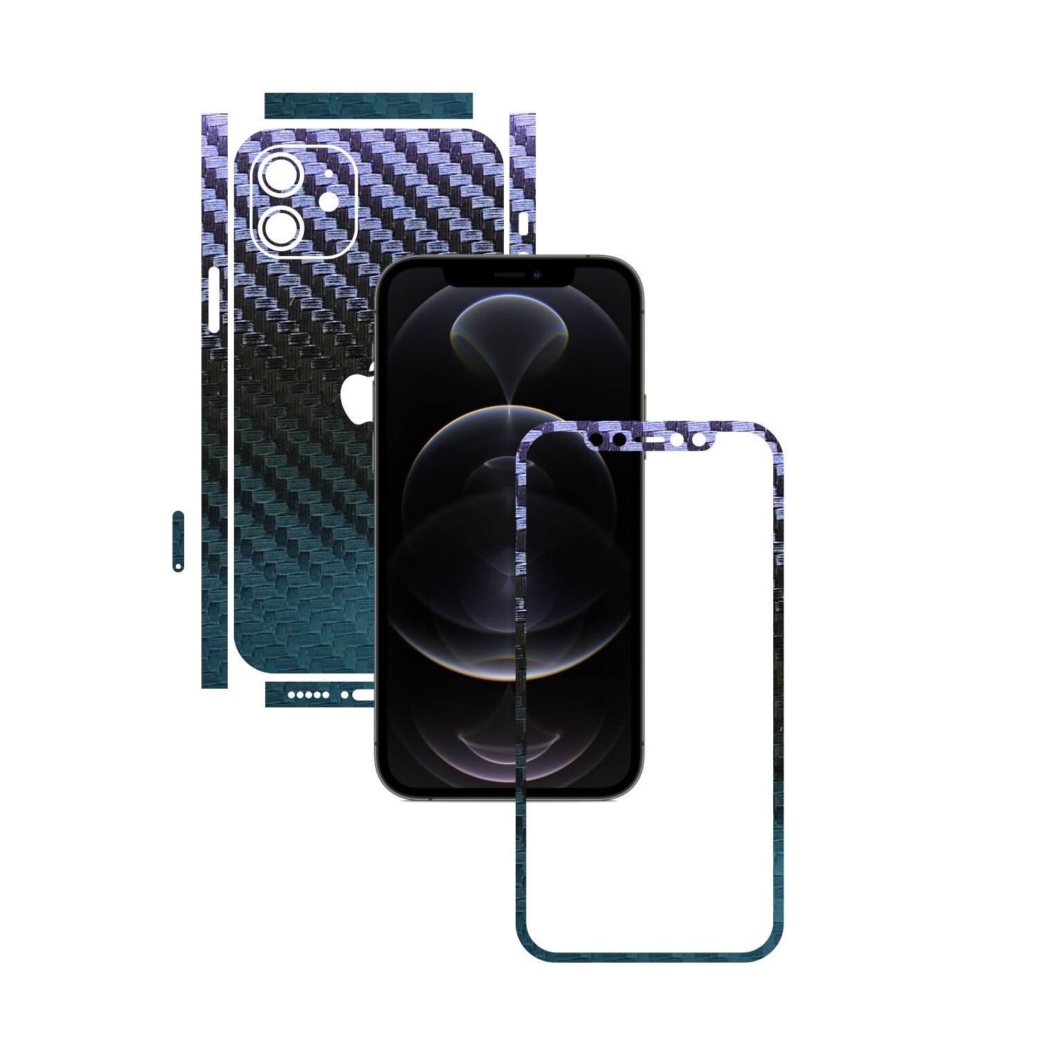 Folie Protectie Carbon Skinz pentru Apple iPhone 12 Mini - Carbon Cameleon Split Cut, Skin Adeziv Full Body Cover pentru Rama Ecran, Carcasa Spate si Laterale