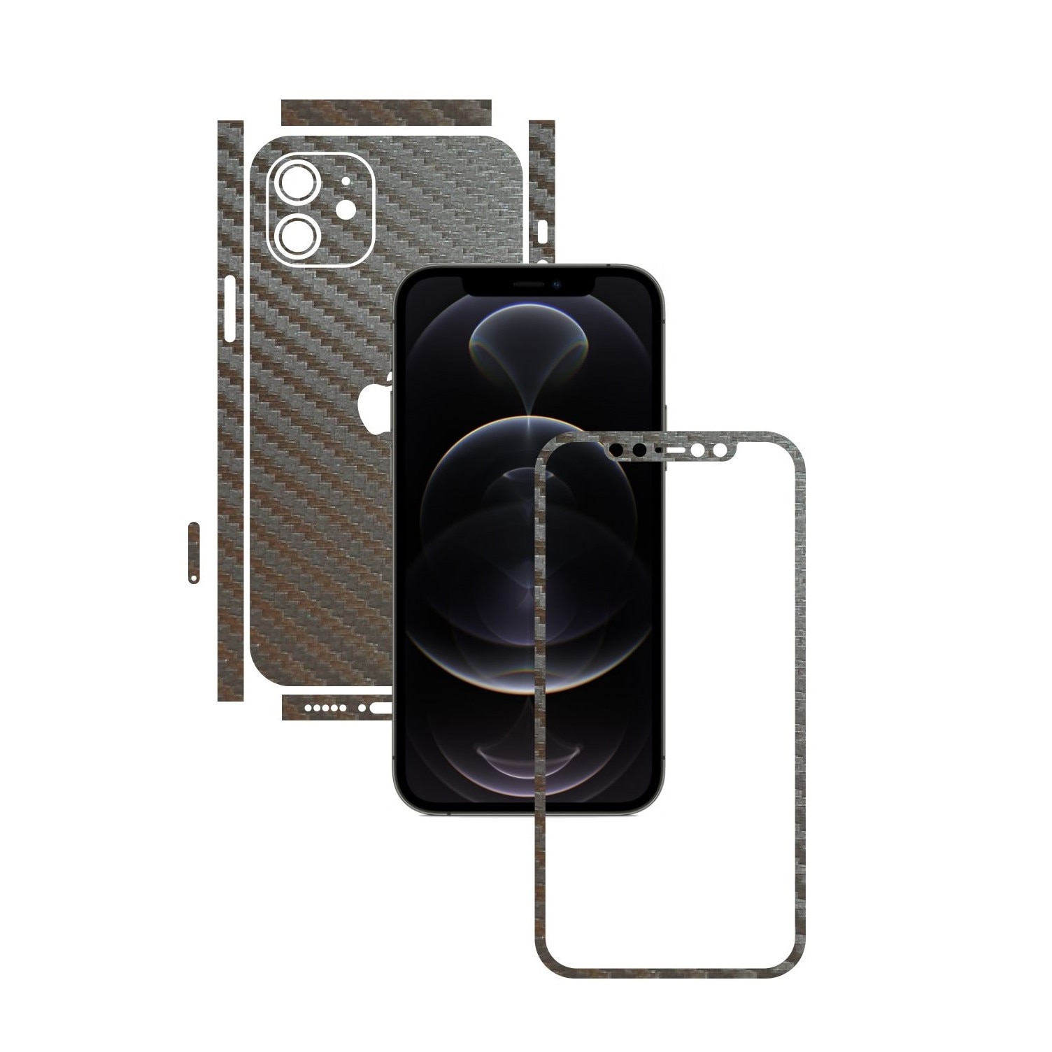 Folie Protectie Carbon Skinz pentru Apple iPhone 12 - Carbon Gri Argintiu Split Cut, Skin Adeziv Full Body Cover pentru Rama Ecran, Carcasa Spate si Laterale