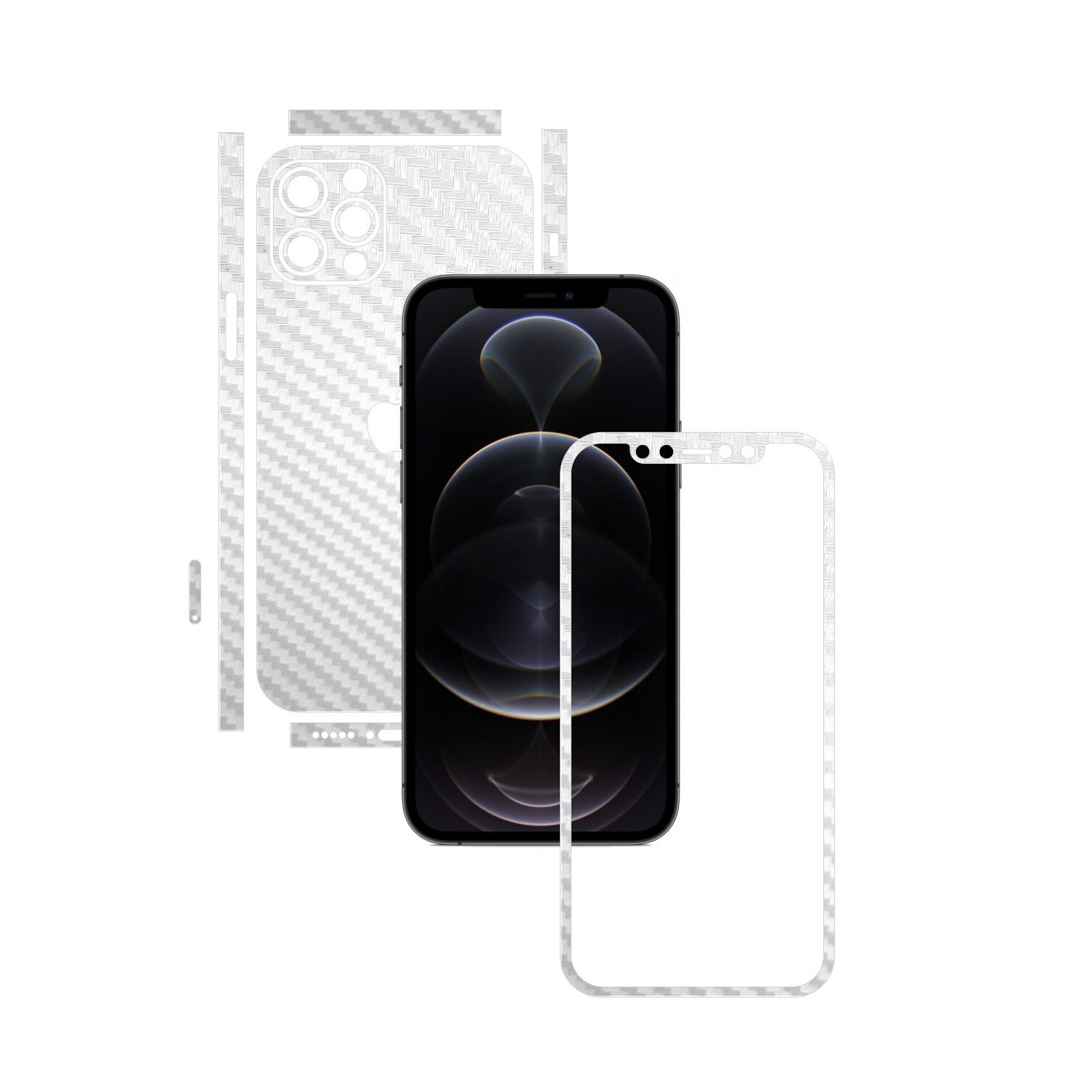Folie Protectie Carbon Skinz pentru Apple iPhone 12 Pro Max - Carbon Alb Split Cut, Skin Adeziv Full Body Cover pentru Rama Ecran, Carcasa Spate si Laterale