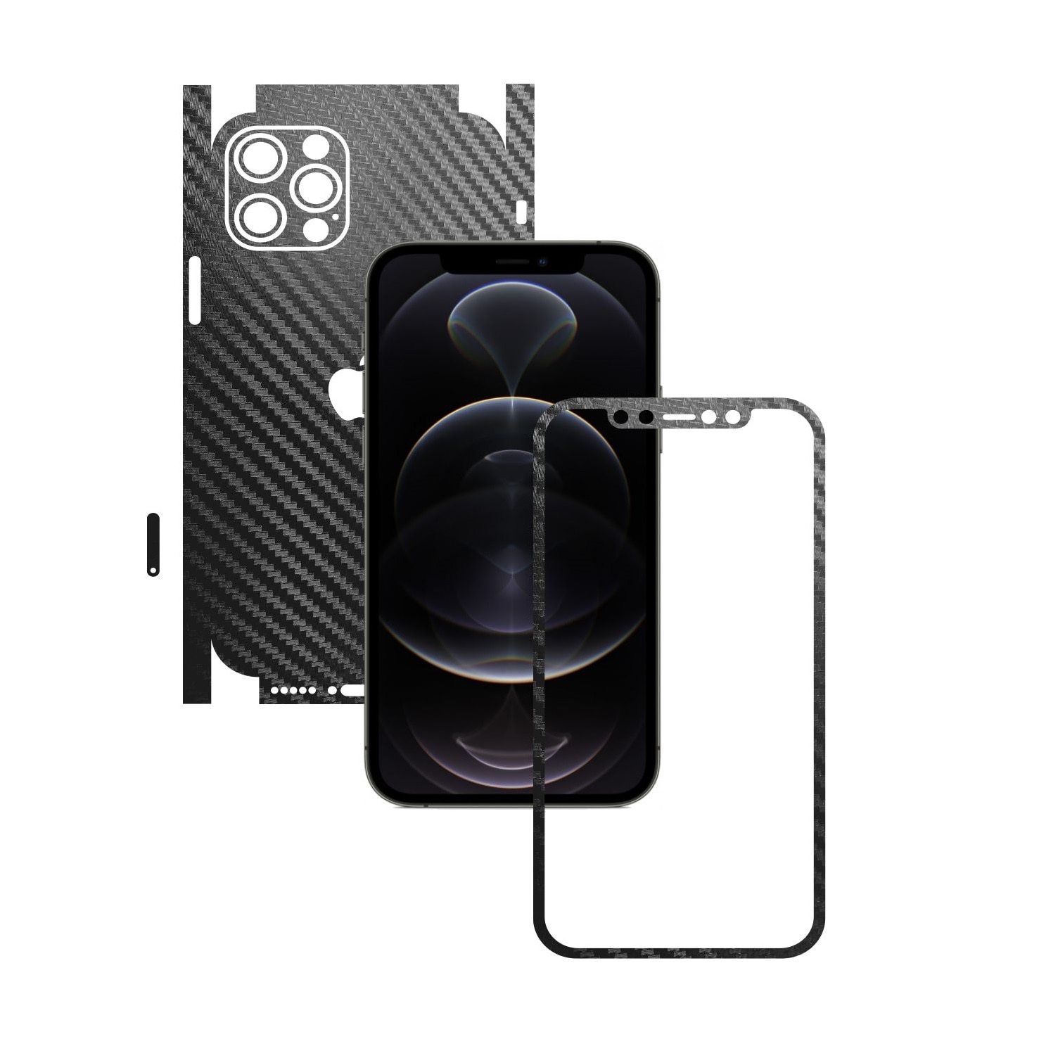 Folie Protectie Carbon Skinz pentru Apple iPhone 12 Pro Max - Carbon Negru 360 Cut, Skin Adeziv Full Body Cover pentru Rama Ecran, Carcasa Spate si Laterale